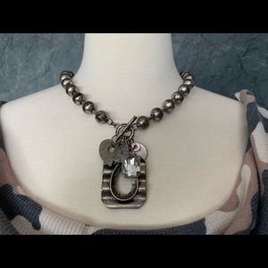 Chunky Beaded Silvertone Toggle Necklace with charms